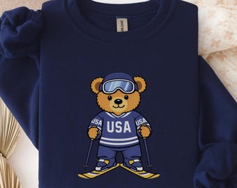 Ski Teddy Bear USA Sweatshirt | Winter Sports Crewneck | Apres Ski Sweater | Cute Skier Gift | USA Ski Team Shirt