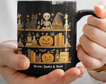 Spooky Black Coffee Mug, Halloween Book Lover Cup, Ghost Design Mug Gift, Bookworm Reading Mug, Cozy Fall Teacher Appreciation Gift