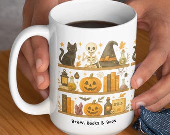 Spooky Ghost Bookshelf Mug, Cute Halloween Coffee Cup, Book Lover Gift Cozy Fall Bookish Mug, Librarian Reading Tea Cup Teacher Appreciation