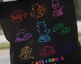 Personalized Cats & Books Tote Bag, Book Lover Tote Bag, Books and Cats Tote Bag, Bookish Tote Bag, Book Club Tote Bag, Cat Lover