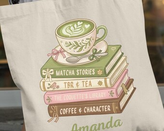 Personalized Book Lover Tote Bag Custom Name Bookworm Gift Matcha Stories Coquette Aesthetic Library Teacher Bag Coffee and Bookish Gifts