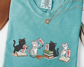 Funny Cats Shirt, Comfort Color, Soda Lover Tee, Shirt for Cat lovers & Bookworms, Book Lover T-shirt, Gift for Cat Lover, Bookish Gift