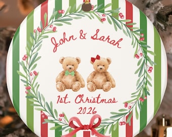 Twins First Christmas Ornament 2026, Personalized Teddy Bears Twin Ornament, Custom Twin Girl and Boy Keepsake, Baby Shower Gift for Parents
