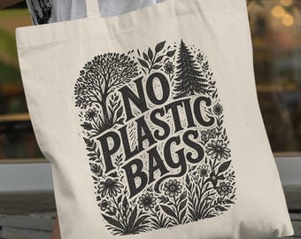 No Plastic Bags, Canvas Grocery Bag, Eco Friendly Tote Bag, Aesthetic Nature Lover Gift, Reusable Cotton Shopping Bag, Botanical Garden Tote