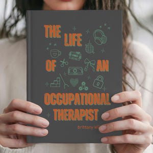 “Personalized Occupational Therapist Journal featuring orange and green design with medical icons, stethoscope, and bow illustration. Custom hardcover notebook gift for OT students, occupational therapists, and therapy professionals.”