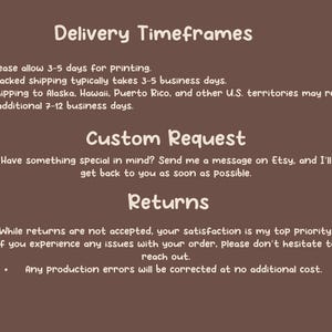 May include: A brown background with white text detailing delivery timeframes, custom request information, and return policies. The text is in a handwritten style font. The image provides information about the shop's policies.