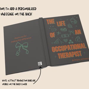 “Personalized Occupational Therapist Journal featuring orange and green design with medical icons, stethoscope, and bow illustration. Custom hardcover notebook gift for OT students, occupational therapists, and therapy professionals.”