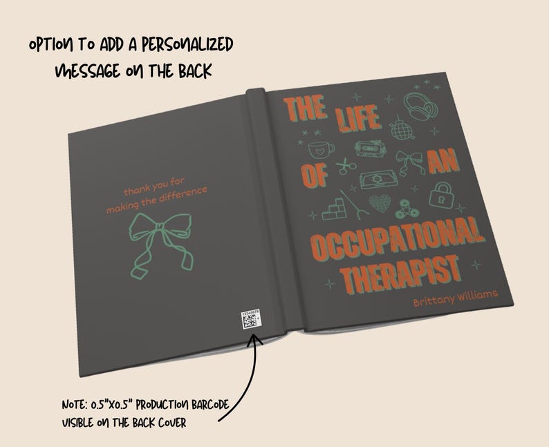 “Personalized Occupational Therapist Journal featuring orange and green design with medical icons, stethoscope, and bow illustration. Custom hardcover notebook gift for OT students, occupational therapists, and therapy professionals.”