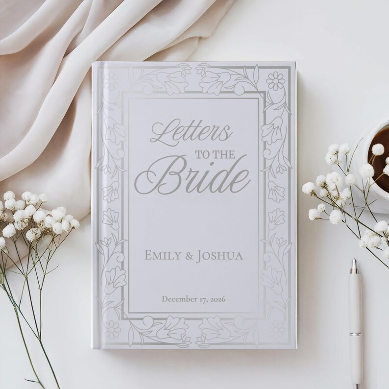 Personalized Letters to the Bride book featuring an elegant custom bride journal design with sophisticated typography. This beautiful bridal shower guest book serves as a sentimental bridal shower book, a precious wedding journal, and a unique bride's notebook.