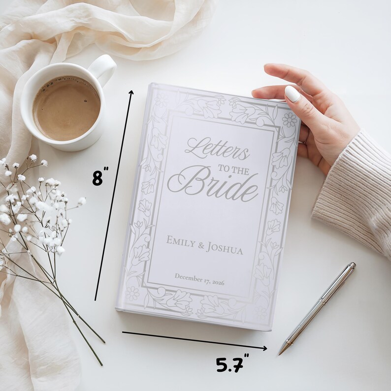 Personalized Letters to the Bride book featuring an elegant custom bride journal design with sophisticated typography. This beautiful bridal shower guest book serves as a sentimental bridal shower book, a precious wedding journal, and a unique bride's notebook.