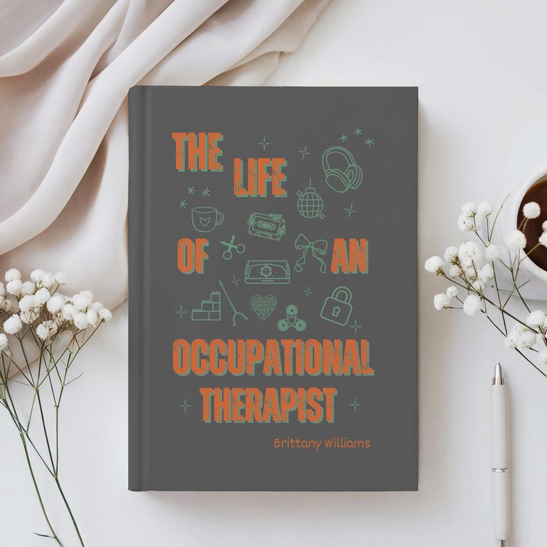 “Personalized Occupational Therapist Journal featuring orange and green design with medical icons, stethoscope, and bow illustration. Custom hardcover notebook gift for OT students, occupational therapists, and therapy professionals.”