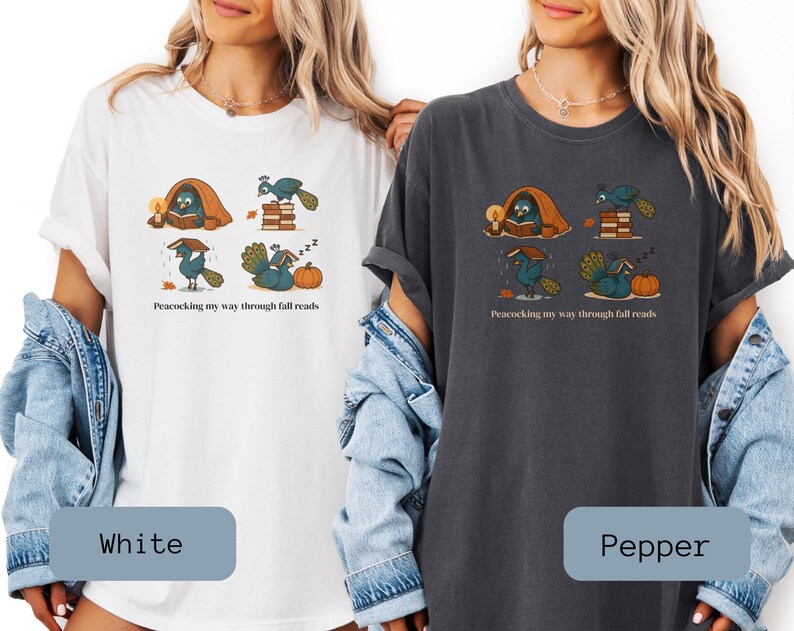 Comfort Colors shirt with whimsical peacock illustrations reading books, paired with pumpkins and cozy fall designs, perfect book lover tee.
Book Lover Comfort Colors Tee.nautumn gift for bookworms, librarians, teachers, and peacock lovers.
peacock shirt, funny peacock tee, peacock lover gift, book lover shirt, fall reading shirt, comfort colors tee, bookish shirt, librarian gift, cute peacock shirt, autumn book shirt, teacher gift tee, book club shirt, cozy fall shirt