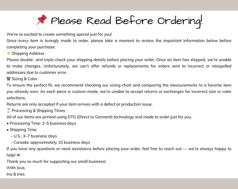 Op de afbeelding: Zwarte tekst op een witte achtergrond met de tekst "Please Read Before Ordering!" en informatie over bestellingen, verzending, maatvoering en retourzendingen. De tekst is geschreven in een handschriftstijl.