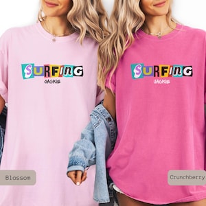 retro surfing shirt that is personalized. This Surfing Shirt is a great gift for couple or surfer gift women, perfect for a surfing group tshirt.