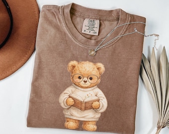 Cute Teddy Bear Reading Comfort Colors Shirt, Book Lover TShirt, Cozy Bookworm Tee, Bookish Gift for Readers