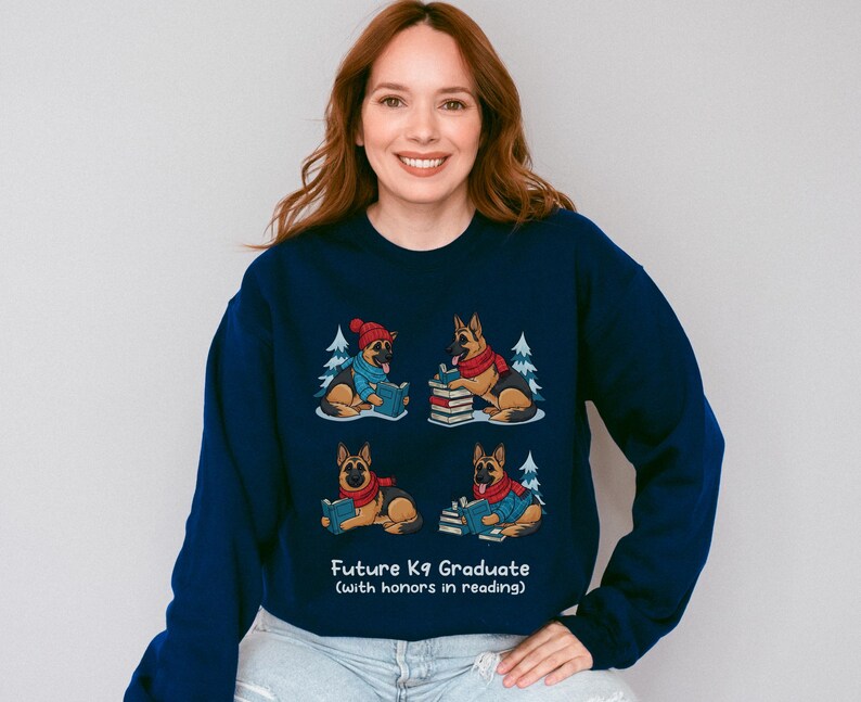 Future K9 Graduate Sweatshirt. This cozy German Shepherd shirt features four cute German Shepherds reading books, making it a perfect dog lover gift. It's an ideal bookish jumper and a great Xmas gift for dog moms and dog dads who love reading. This holiday sweatshirt is a funny and charming way to celebrate a love for dogs and books during the winter holiday season.
