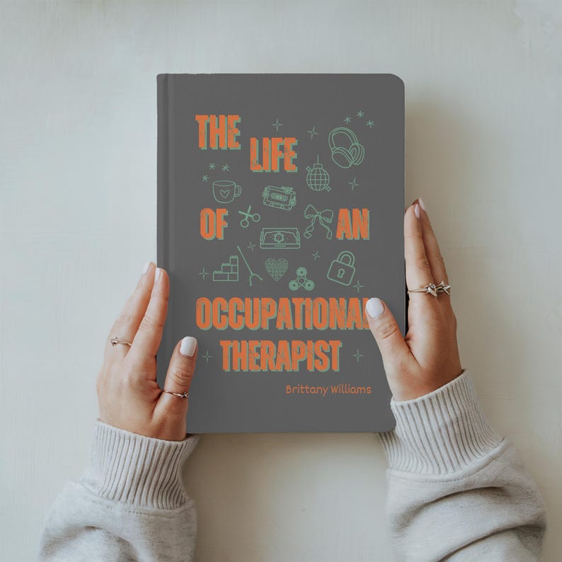 “Personalized Occupational Therapist Journal featuring orange and green design with medical icons, stethoscope, and bow illustration. Custom hardcover notebook gift for OT students, occupational therapists, and therapy professionals.”