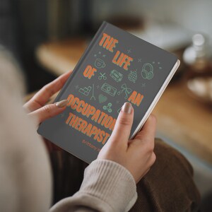 “Personalized Occupational Therapist Journal featuring orange and green design with medical icons, stethoscope, and bow illustration. Custom hardcover notebook gift for OT students, occupational therapists, and therapy professionals.”