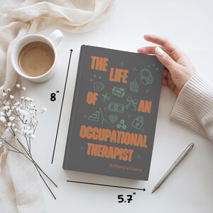 “Personalized Occupational Therapist Journal featuring orange and green design with medical icons, stethoscope, and bow illustration. Custom hardcover notebook gift for OT students, occupational therapists, and therapy professionals.”