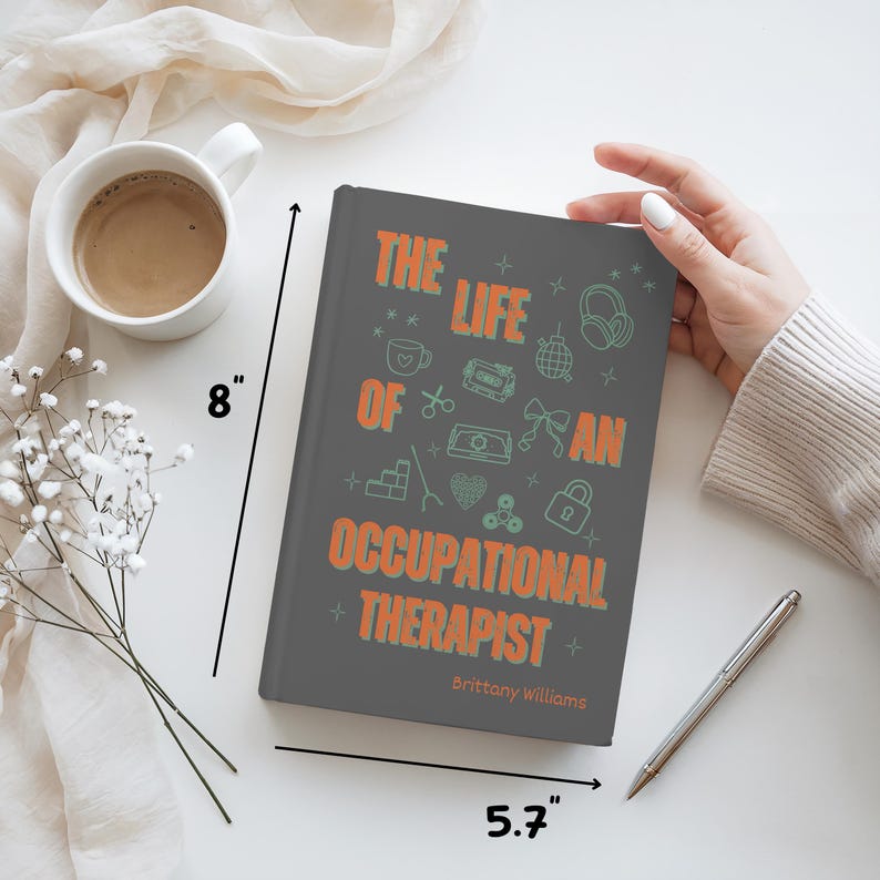 “Personalized Occupational Therapist Journal featuring orange and green design with medical icons, stethoscope, and bow illustration. Custom hardcover notebook gift for OT students, occupational therapists, and therapy professionals.”