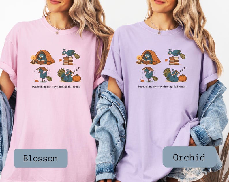 Comfort Colors shirt with whimsical peacock illustrations reading books, paired with pumpkins and cozy fall designs, perfect book lover tee.
Book Lover Comfort Colors Tee.nautumn gift for bookworms, librarians, teachers, and peacock lovers.
peacock shirt, funny peacock tee, peacock lover gift, book lover shirt, fall reading shirt, comfort colors tee, bookish shirt, librarian gift, cute peacock shirt, autumn book shirt, teacher gift tee, book club shirt, cozy fall shirt