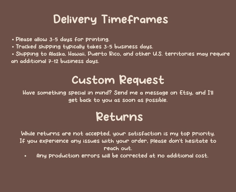 May include: A brown informational graphic with white text. The headings are Delivery Timeframes, Custom Request, and Returns. The text outlines policies regarding printing times, shipping, custom orders, and return procedures for an Etsy shop.