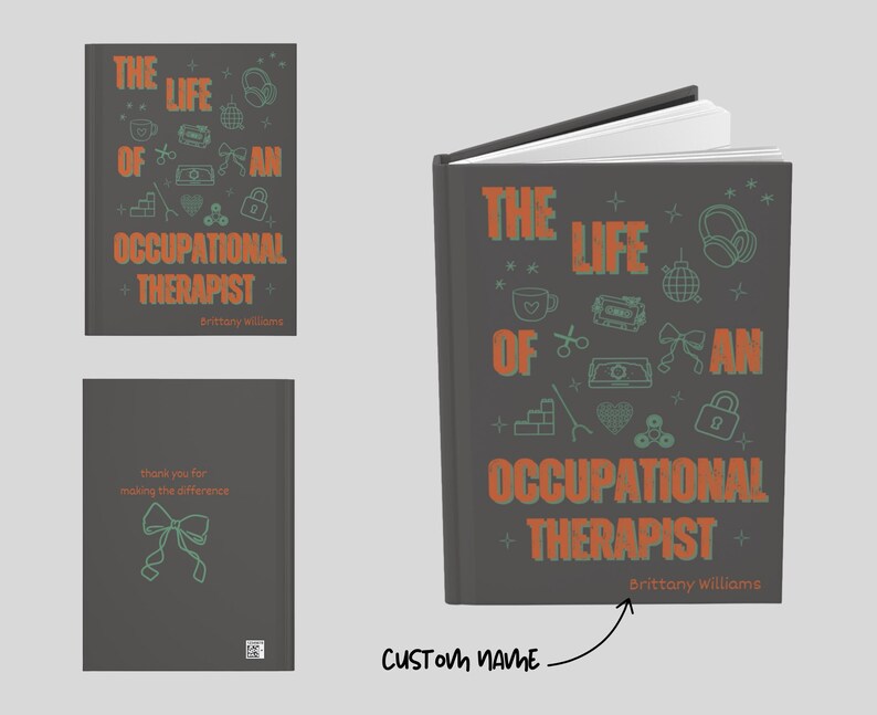 “Personalized Occupational Therapist Journal featuring orange and green design with medical icons, stethoscope, and bow illustration. Custom hardcover notebook gift for OT students, occupational therapists, and therapy professionals.”