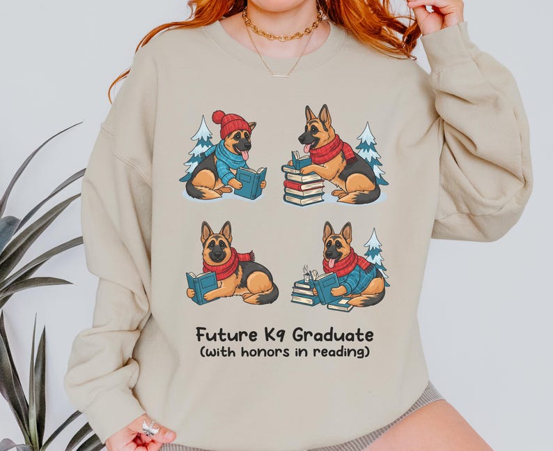 Future K9 Graduate Sweatshirt. This cozy German Shepherd shirt features four cute German Shepherds reading books, making it a perfect dog lover gift. It's an ideal bookish jumper and a great Xmas gift for dog moms and dog dads who love reading. This holiday sweatshirt is a funny and charming way to celebrate a love for dogs and books during the winter holiday season.