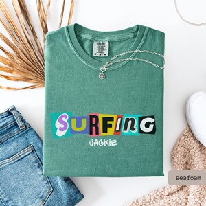 retro surfing shirt that is personalized. This Surfing Shirt is a great gift for couple or surfer gift women, perfect for a surfing group tshirt.
