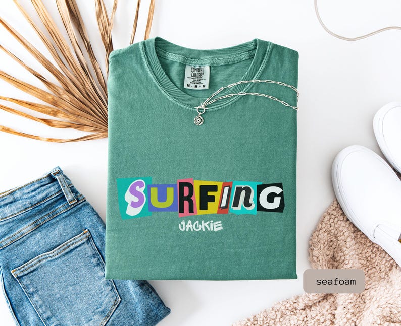 retro surfing shirt that is personalized. This Surfing Shirt is a great gift for couple or surfer gift women, perfect for a surfing group tshirt.