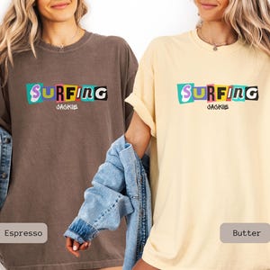 retro surfing shirt that is personalized. This Surfing Shirt is a great gift for couple or surfer gift women, perfect for a surfing group tshirt.