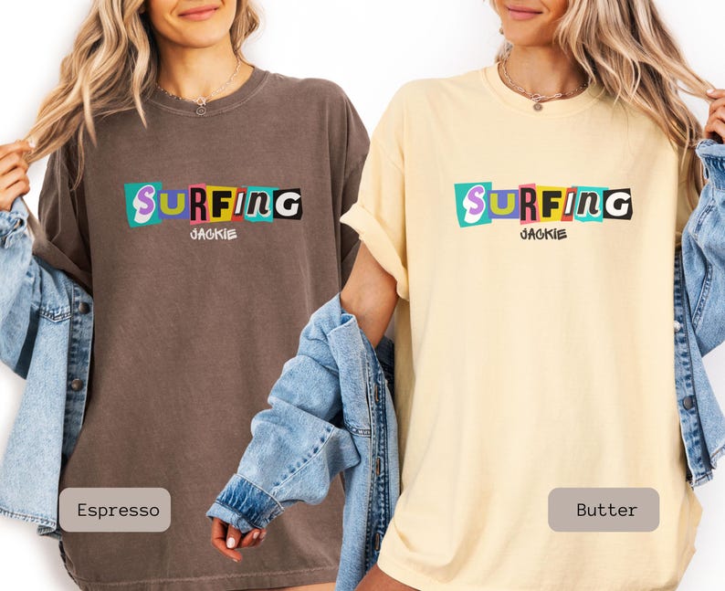 retro surfing shirt that is personalized. This Surfing Shirt is a great gift for couple or surfer gift women, perfect for a surfing group tshirt.