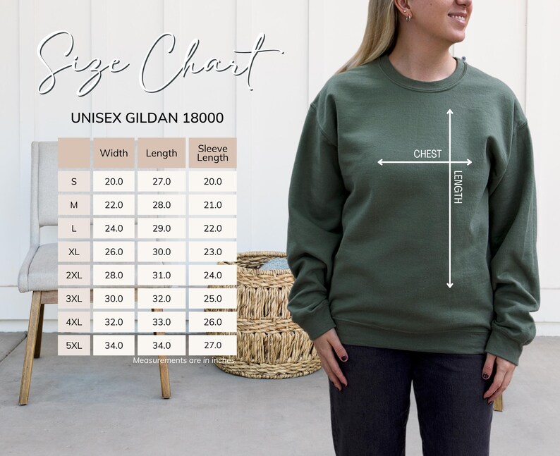 May include: An olive green unisex Gildan 18000 sweatshirt. A size chart shows measurements in inches for width, length, and sleeve length, ranging from size S to 5XL. The chart includes chest and length measurements. The model is wearing the sweatshirt.