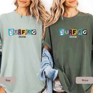 retro surfing shirt that is personalized. This Surfing Shirt is a great gift for couple or surfer gift women, perfect for a surfing group tshirt.