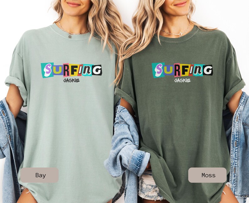 retro surfing shirt that is personalized. This Surfing Shirt is a great gift for couple or surfer gift women, perfect for a surfing group tshirt.