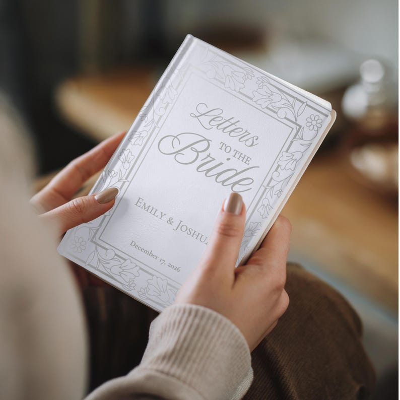 Personalized Letters to the Bride book featuring an elegant custom bride journal design with sophisticated typography. This beautiful bridal shower guest book serves as a sentimental bridal shower book, a precious wedding journal, and a unique bride's notebook.