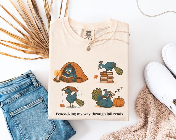Peacock Fall Reading Shirt, Comfort Colors Book Lover Tee, Funny Peacock Shirt, Cute Autumn Bookish Top, Librarian Gift, Book Club Shirt