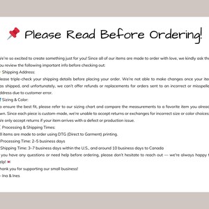 May include: A cream-colored page with the text "Please Read Before Ordering!" in a handwritten style. The text provides information about shipping, sizing, and processing times for custom-made items. A red pushpin graphic is at the top.