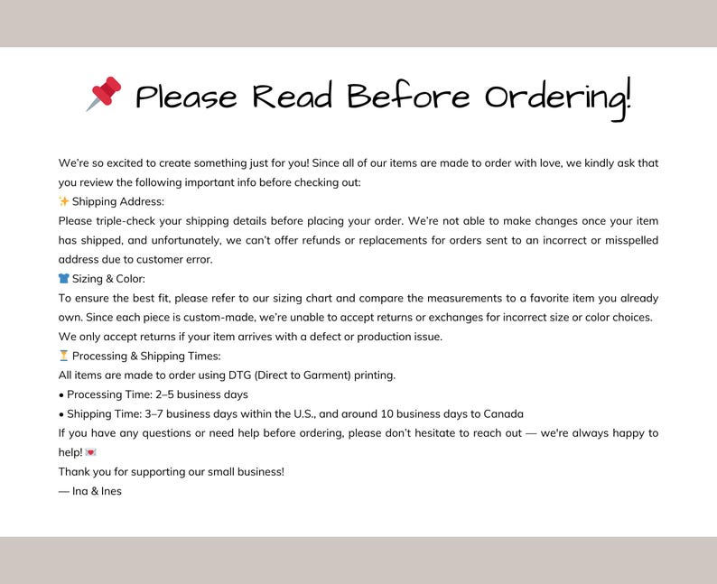 May include: A cream-colored page with the text "Please Read Before Ordering!" in a handwritten style. The text provides information about shipping, sizing, and processing times for custom-made items. A red pushpin graphic is at the top.