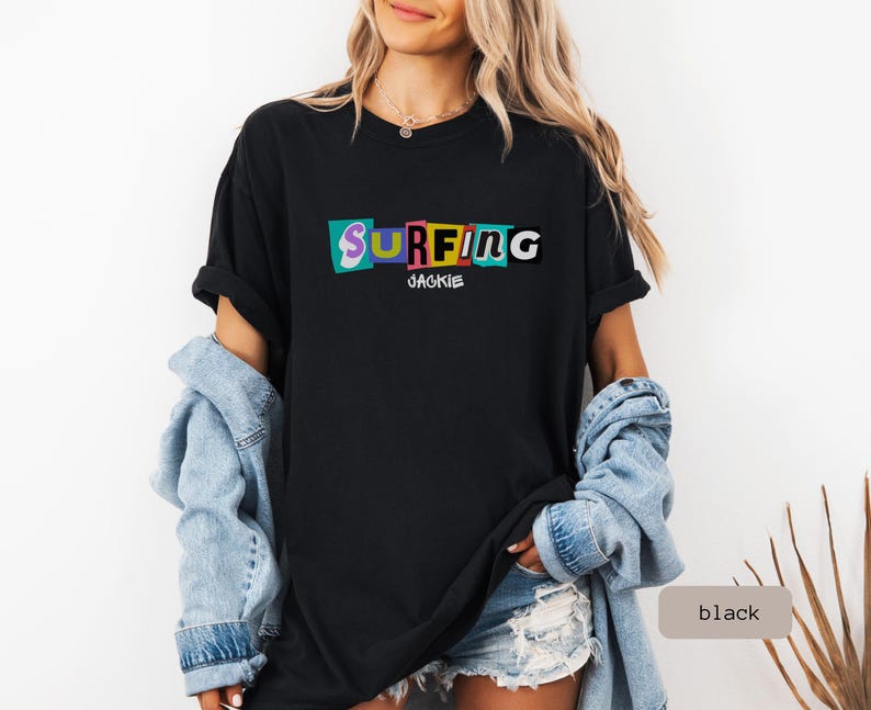 retro surfing shirt that is personalized. This Surfing Shirt is a great gift for couple or surfer gift women, perfect for a surfing group tshirt.