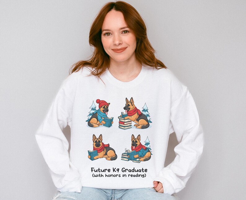 Future K9 Graduate Sweatshirt. This cozy German Shepherd shirt features four cute German Shepherds reading books, making it a perfect dog lover gift. It's an ideal bookish jumper and a great Xmas gift for dog moms and dog dads who love reading. This holiday sweatshirt is a funny and charming way to celebrate a love for dogs and books during the winter holiday season.