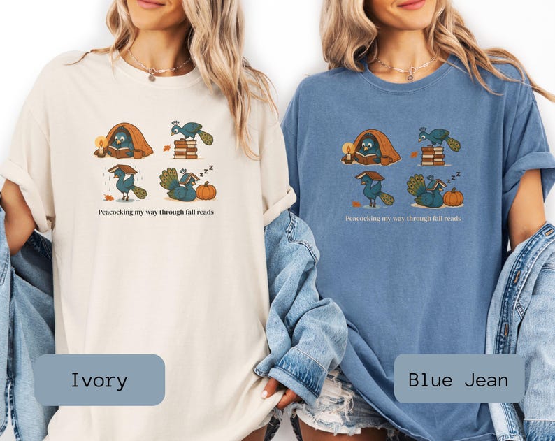 Comfort Colors shirt with whimsical peacock illustrations reading books, paired with pumpkins and cozy fall designs, perfect book lover tee.
Book Lover Comfort Colors Tee.nautumn gift for bookworms, librarians, teachers, and peacock lovers.
peacock shirt, funny peacock tee, peacock lover gift, book lover shirt, fall reading shirt, comfort colors tee, bookish shirt, librarian gift, cute peacock shirt, autumn book shirt, teacher gift tee, book club shirt, cozy fall shirt