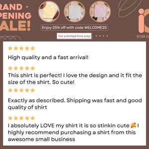 May include: A promotional graphic with the text "GRAND OPENING SALE!" and "Enjoy 25% off with code WELCOME25." It also includes customer reviews and a logo for Design Gifts Studio.