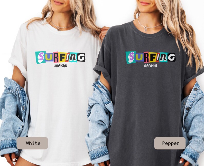 retro surfing shirt that is personalized. This Surfing Shirt is a great gift for couple or surfer gift women, perfect for a surfing group tshirt.