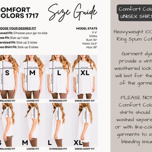 May include: Size guide for Comfort Colors 1717 unisex shirts. The guide shows how the shirts fit, including relaxed, loose, oversized, and dress shirt fits. Measurements are in inches. The shirts are made of heavyweight 100% US Ring Spun Cotton.