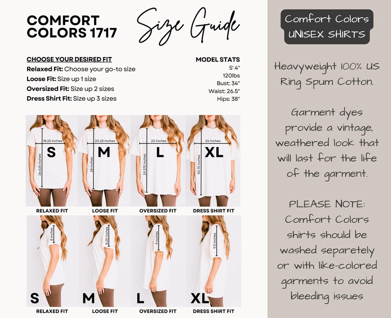 May include: Size guide for Comfort Colors 1717 unisex shirts. The guide shows how the shirts fit, including relaxed, loose, oversized, and dress shirt fits. Measurements are in inches. The shirts are made of heavyweight 100% US Ring Spun Cotton.