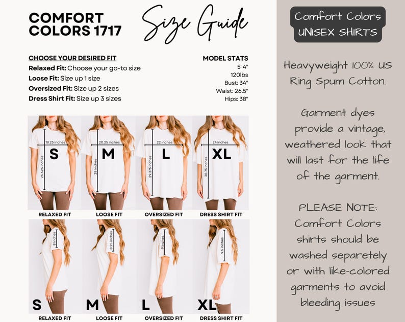 Op de afbeelding: Een maattabel voor Comfort Colors unisex shirts, met modellen in de maten S tot XL. De gids bevat afmetingen in inches, pasvormbeschrijvingen en stofdetails. De tekst bevat ook wasinstructies.