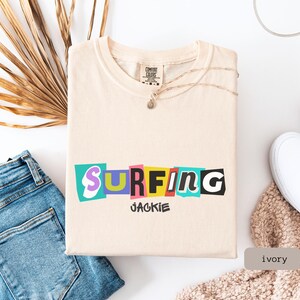 retro surfing shirt that is personalized. This Surfing Shirt is a great gift for couple or surfer gift women, perfect for a surfing group tshirt.