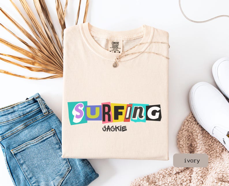 retro surfing shirt that is personalized. This Surfing Shirt is a great gift for couple or surfer gift women, perfect for a surfing group tshirt.