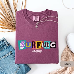 retro surfing shirt that is personalized. This Surfing Shirt is a great gift for couple or surfer gift women, perfect for a surfing group tshirt.
